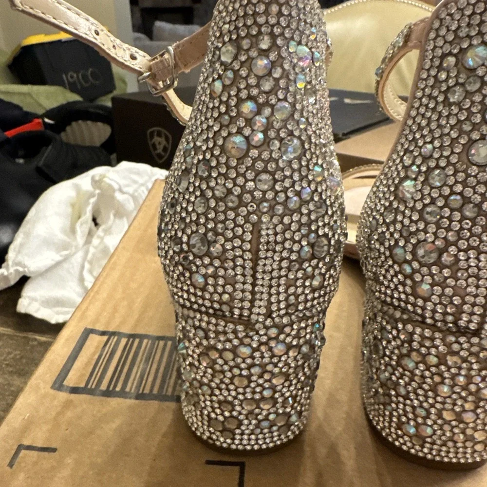 Embellished Block Heel Sandal in Blush with Silver Crystals